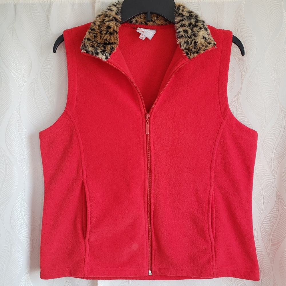 Red Cheetah Print Faux Fur Collar Trim Vest